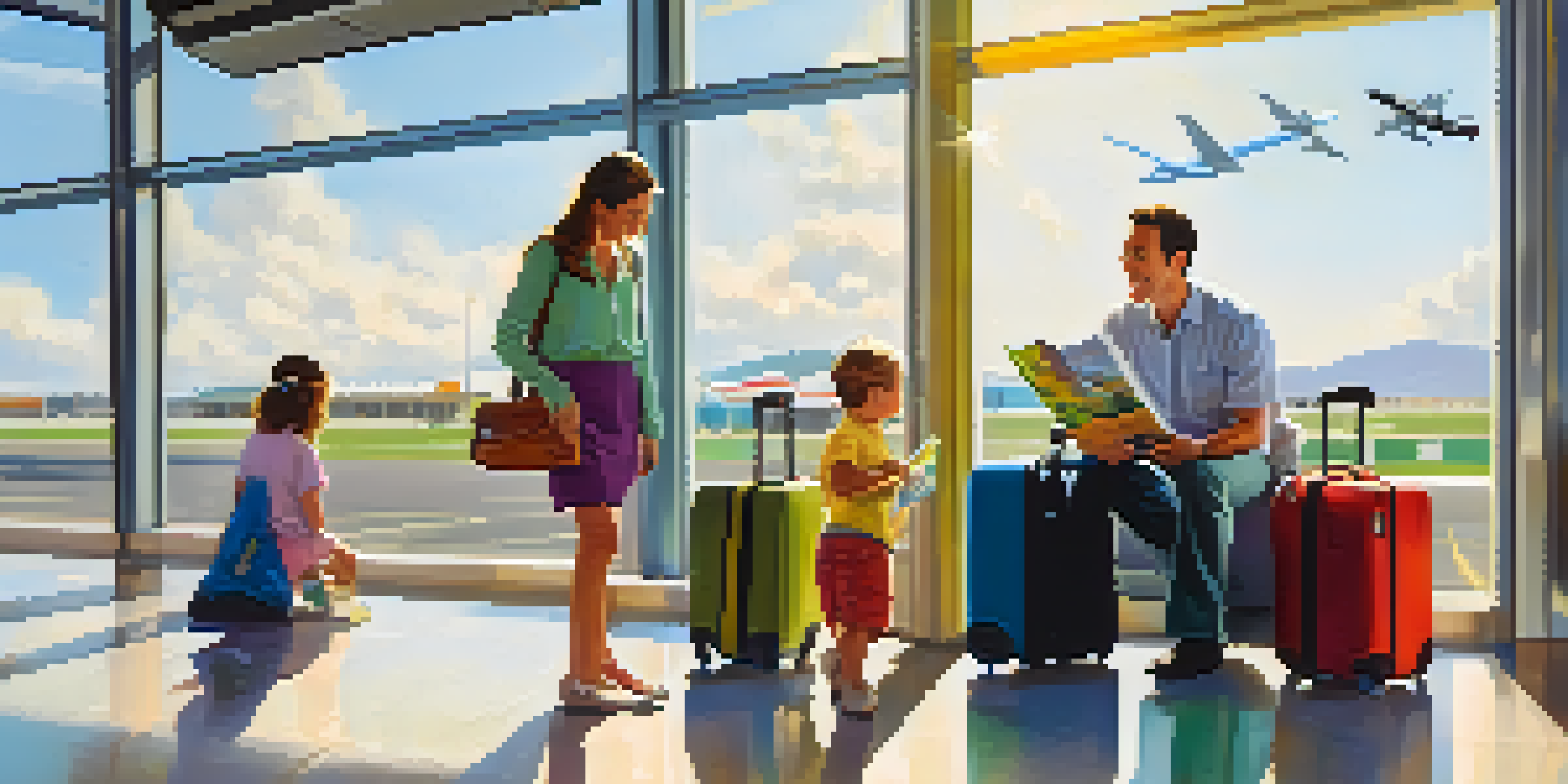 A parent and toddler smiling at a travel brochure while sitting on a suitcase in an airport terminal.