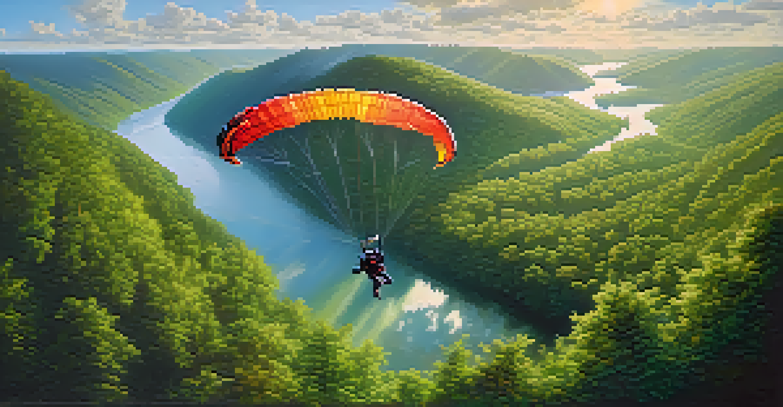 A skydiver descending gracefully with a parachute over lush green forests and a winding river, illuminated by sunlight filtering through clouds.