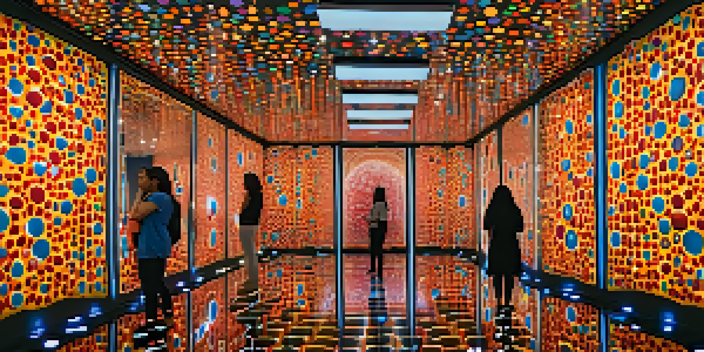 An interior view of Yayoi Kusama's Infinity Room filled with mirrors and colorful polka dots, creating an infinite reflection of lights.