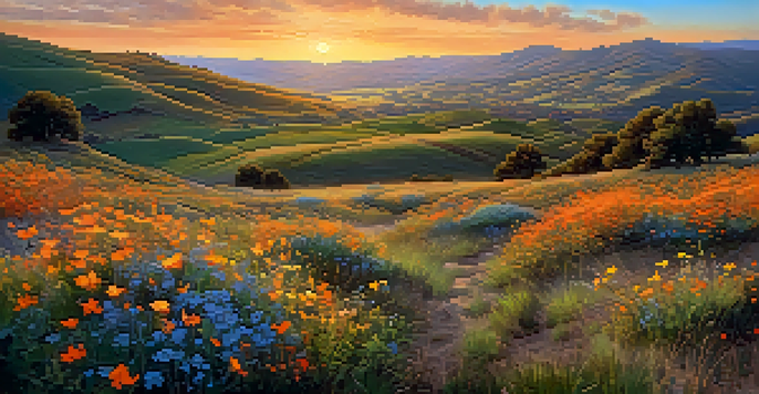 A scenic view of rolling hills during the golden hour, with wildflowers in the foreground and a sunset sky.