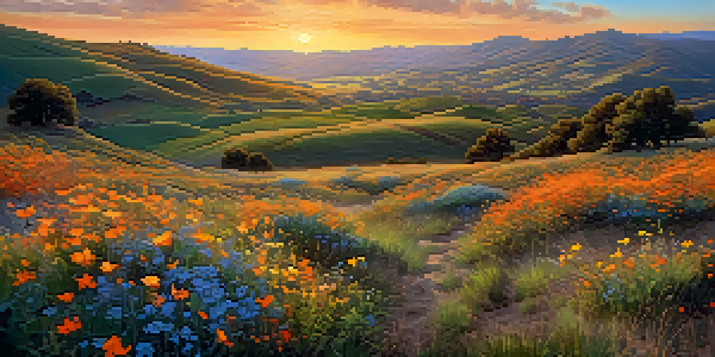 A scenic view of rolling hills during the golden hour, with wildflowers in the foreground and a sunset sky.