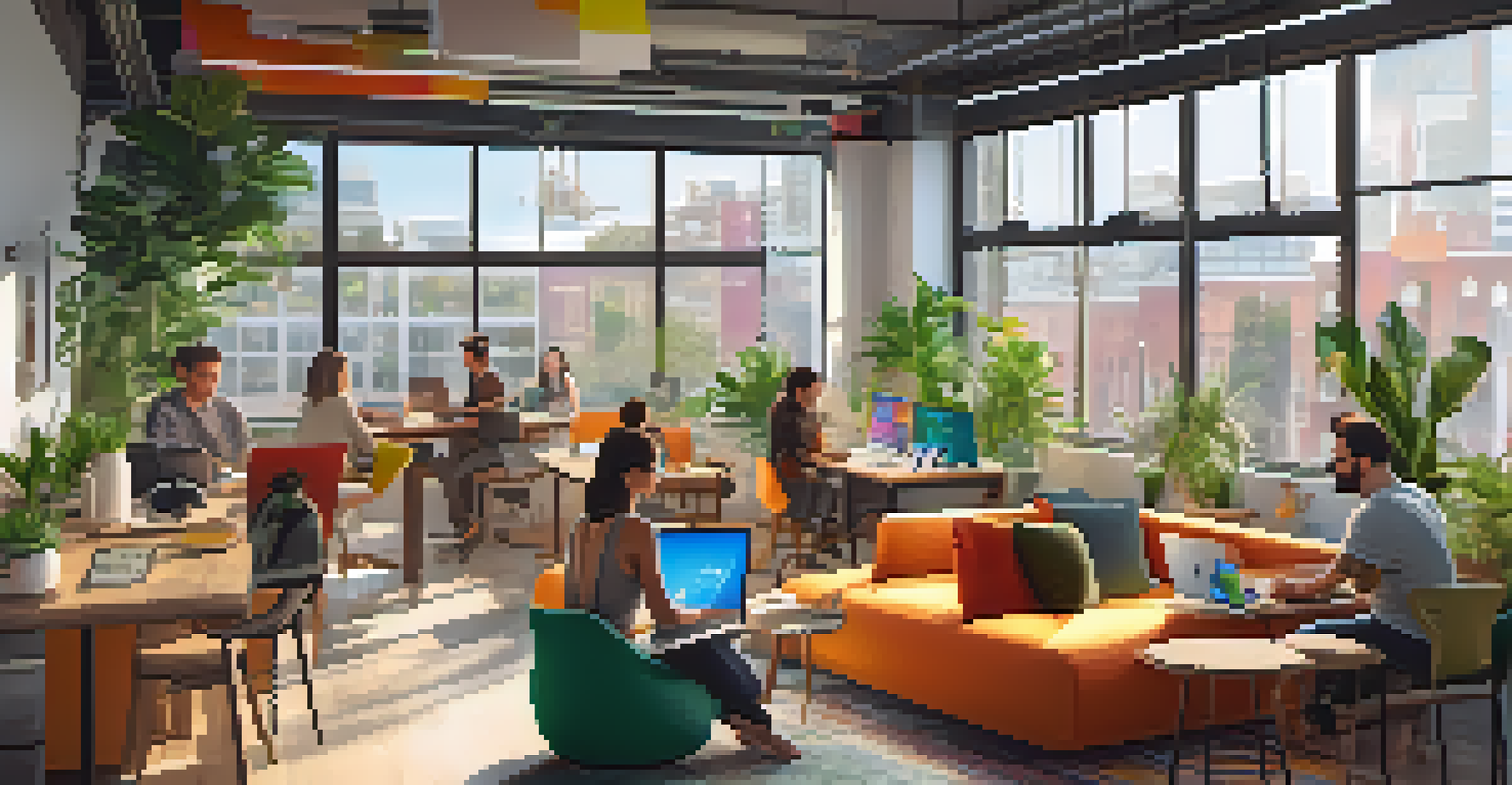 A lively co-working space with diverse people working on laptops, filled with plants and colorful decor.