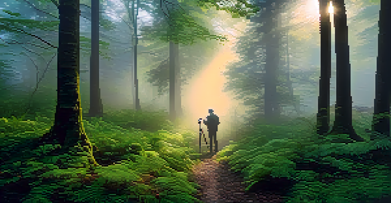 A photographer in a misty forest at dawn, using a tripod to capture the serene landscape with soft light filtering through the trees.