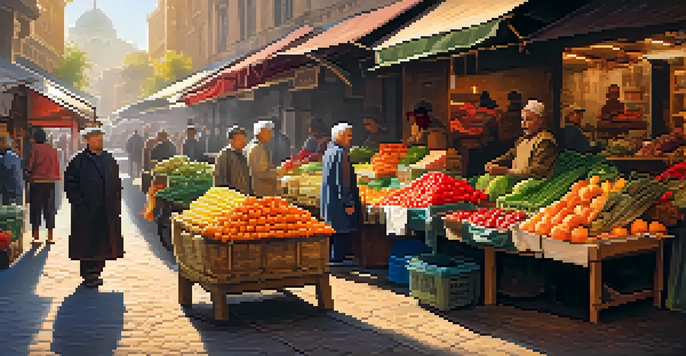 A lively street market with an elderly vendor selling colorful fruits and vegetables during golden hour.