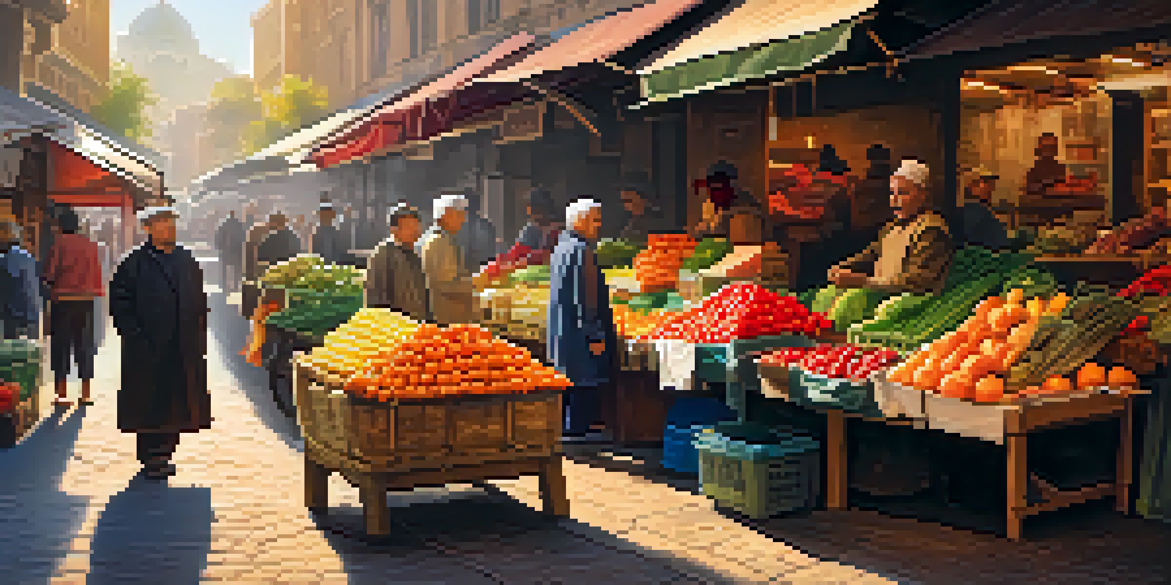 A lively street market with an elderly vendor selling colorful fruits and vegetables during golden hour.