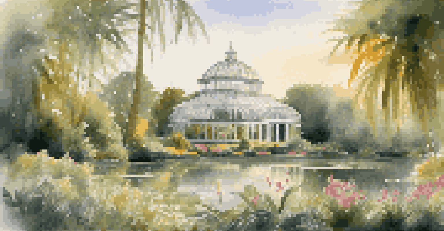 A peaceful view of Kew Gardens at sunset, showcasing the Palm House and vibrant flowers bathed in soft light.