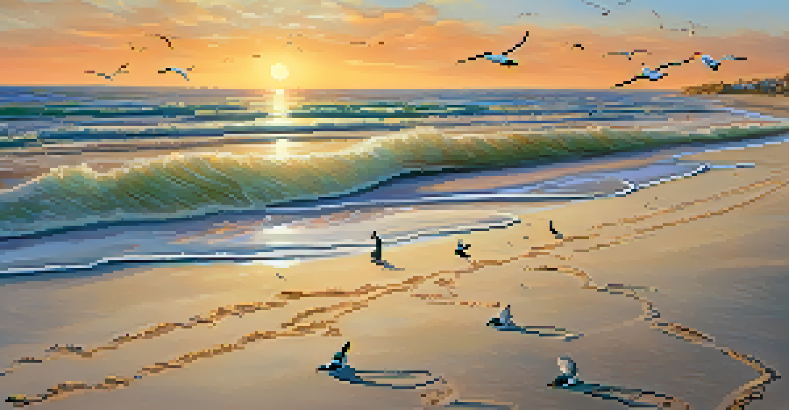 A peaceful beach at sunset with golden sand, gentle waves, and seagulls, featuring footprints leading to a beach towel.