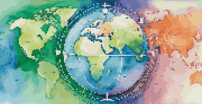 A globe highlighting different time zones with digital clocks showing local times in various major cities.