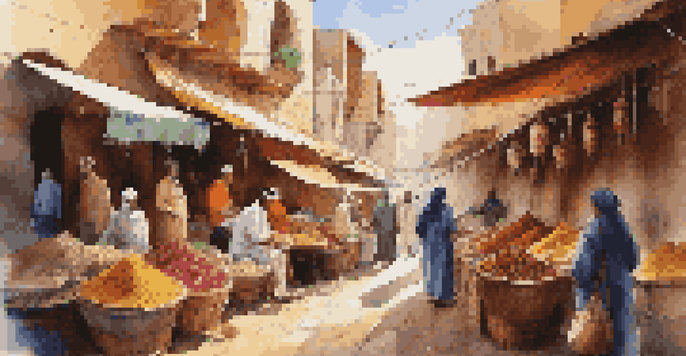 A lively market scene in Morocco with colorful spices, fresh produce, and merchants interacting with customers.