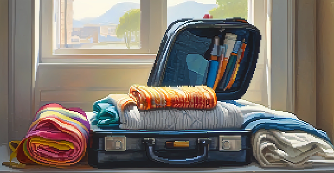 An open suitcase on a bed, filled with rolled clothes and travel accessories, illuminated by soft sunlight.