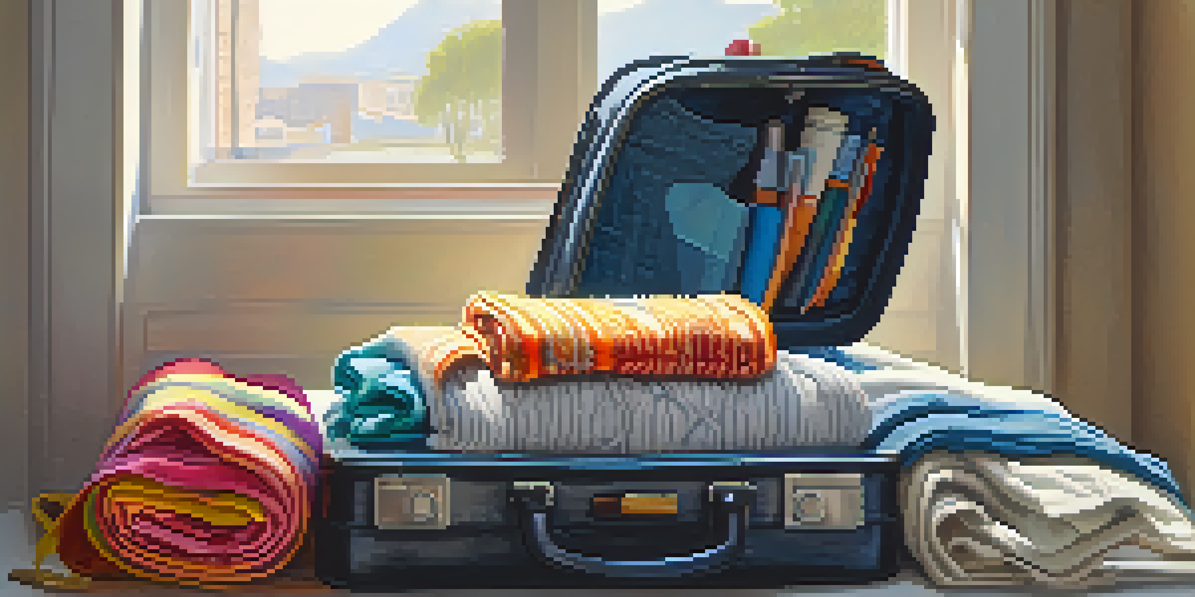 An open suitcase on a bed, filled with rolled clothes and travel accessories, illuminated by soft sunlight.