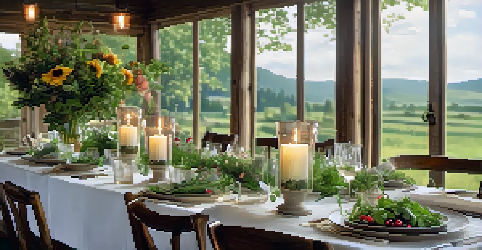 An elegantly set table for a farm-to-table meal, showcasing seasonal dishes surrounded by greenery and warm lighting.