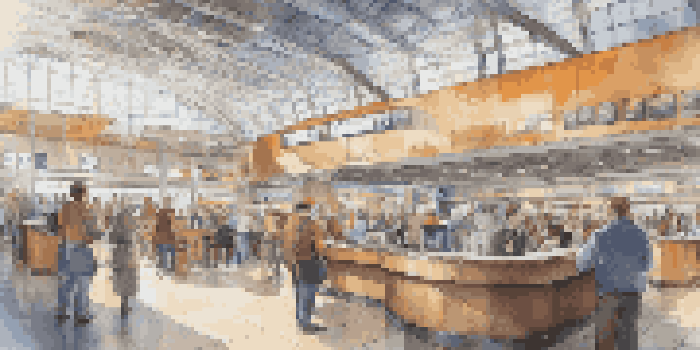 A busy airport terminal with travelers checking in, flight information displays, and a coffee barista, illuminated by natural light.