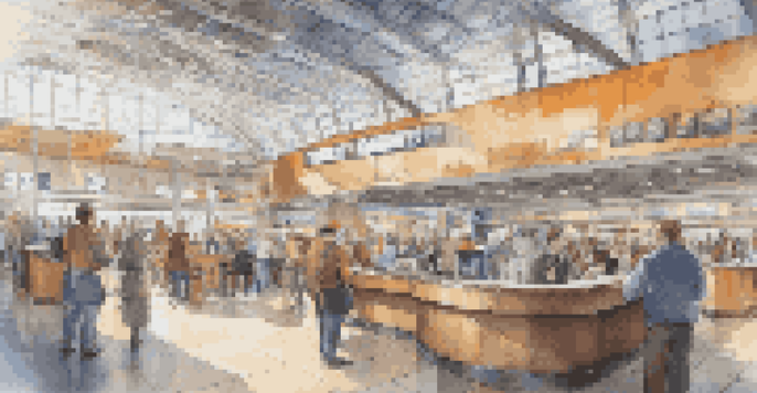 A busy airport terminal with travelers checking in, flight information displays, and a coffee barista, illuminated by natural light.