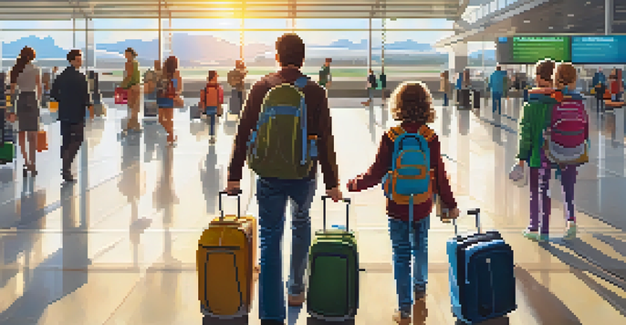 A cheerful family of four arriving at an airport, surrounded by travelers and large glass windows.