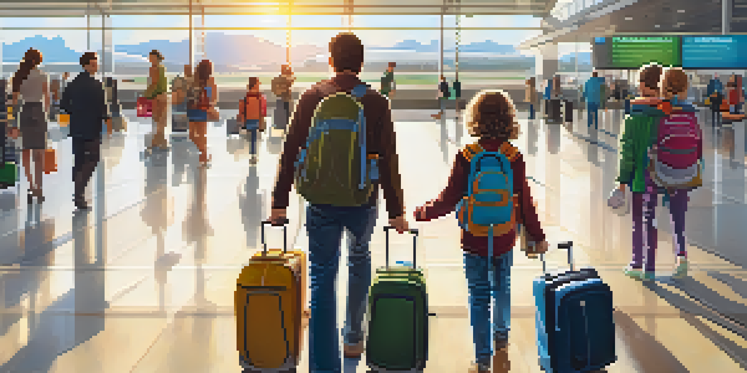 A cheerful family of four arriving at an airport, surrounded by travelers and large glass windows.