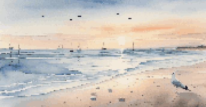 A peaceful beach at sunrise with pastel colors, gentle waves, seashells, and a flying seagull.