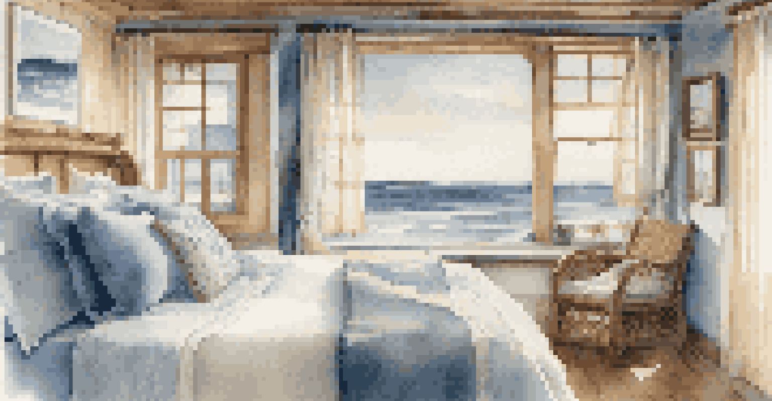 An oceanview cabin with a comfortable bed and a large window offering a view of the sea, decorated in nautical themes.