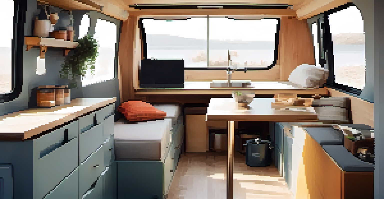 The interior of a minimalist van with organized storage, a compact kitchen, and multi-purpose gear illuminated by sunlight.