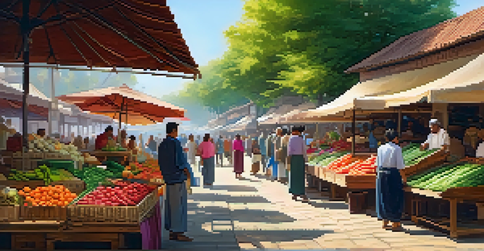 A lively market scene with colorful stalls and local people interacting under warm sunlight.