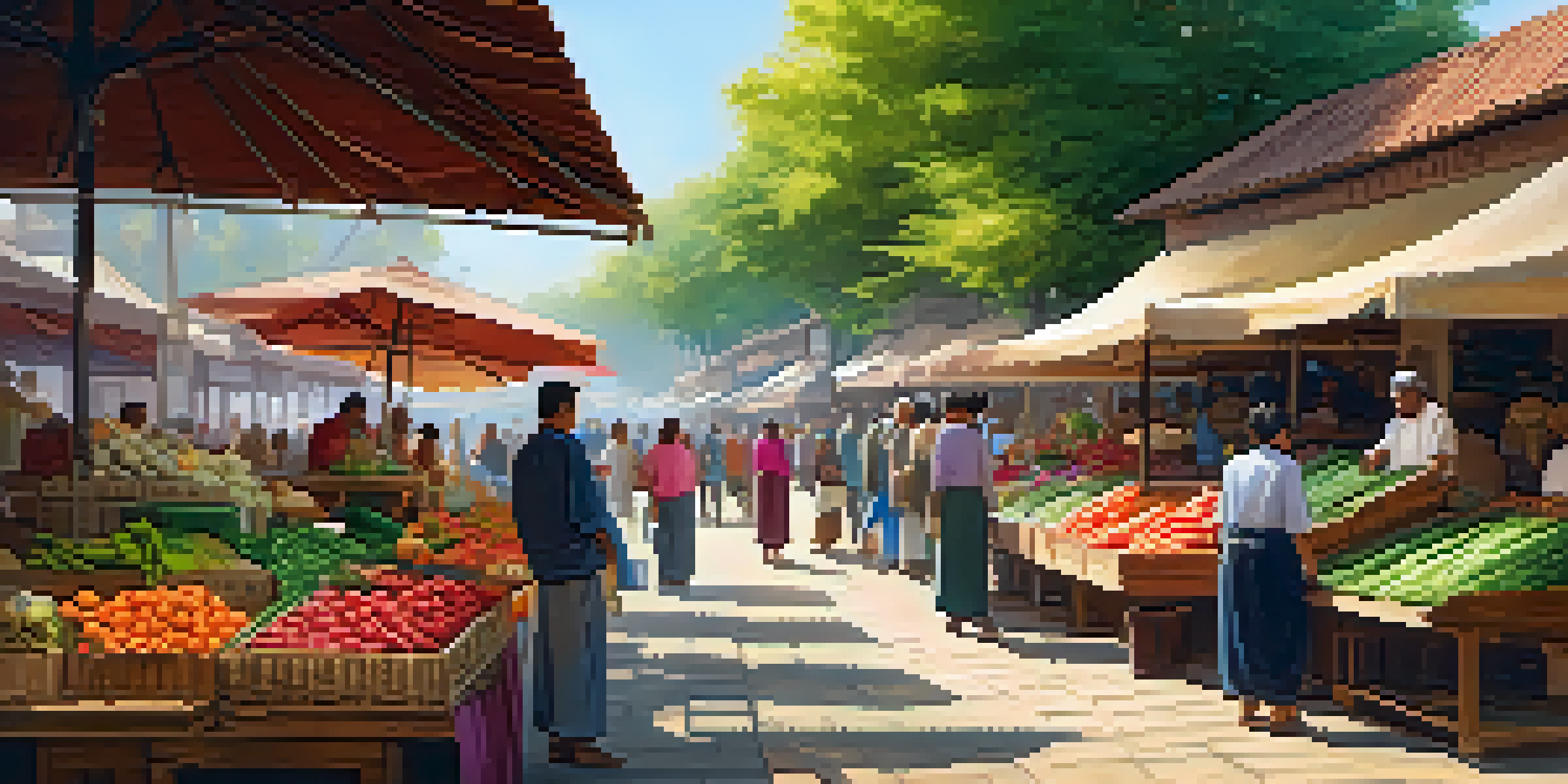 A lively market scene with colorful stalls and local people interacting under warm sunlight.
