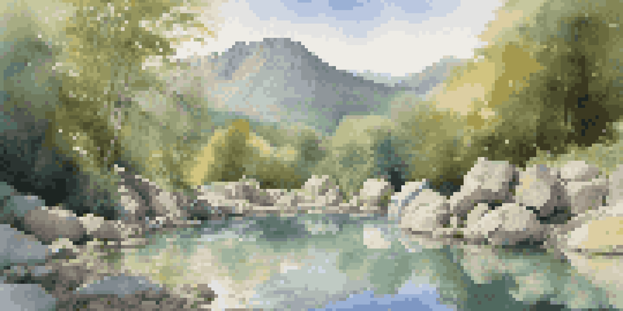 A peaceful hot spring nestled in a forested area with mountains in the background, surrounded by greenery and steam rising from the water.