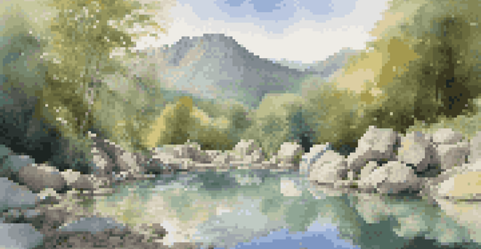 A peaceful hot spring nestled in a forested area with mountains in the background, surrounded by greenery and steam rising from the water.