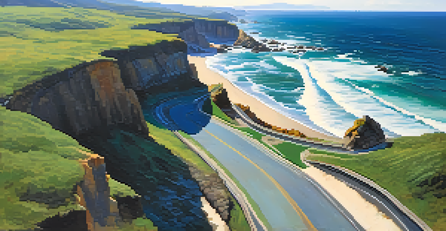 Aerial perspective of a coastal highway alongside cliffs with crashing waves and sandy beaches in the view.