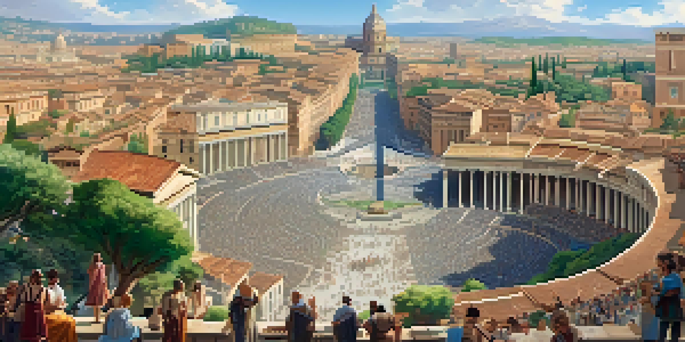 A panoramic view of ancient Rome with the Colosseum and the Pantheon, bustling streets, and citizens in traditional clothing under a clear blue sky.