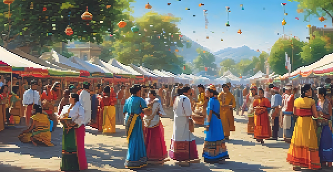A lively local festival with colorful stalls, people in traditional attire, and a bright blue sky.