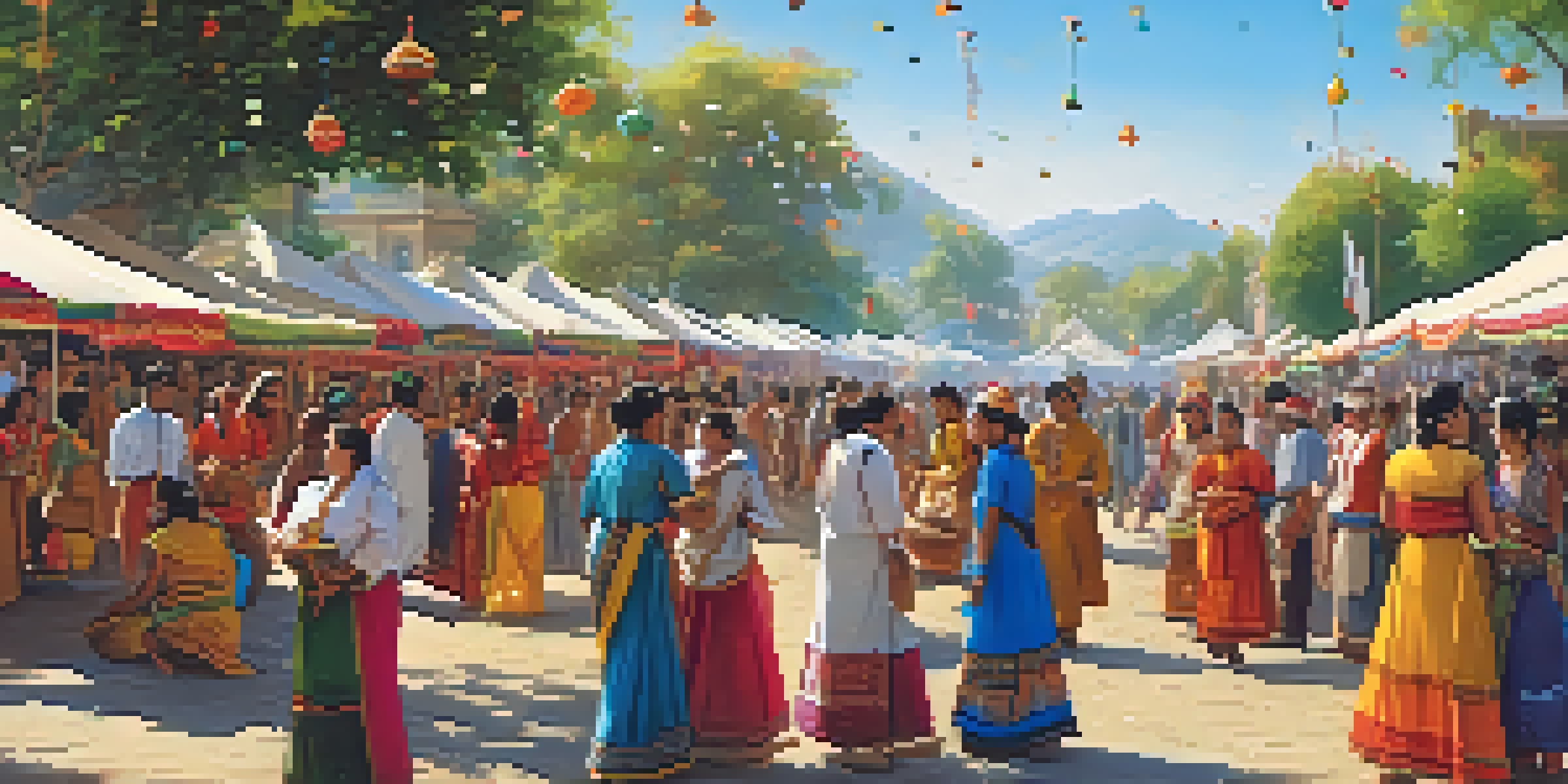 A lively local festival with colorful stalls, people in traditional attire, and a bright blue sky.