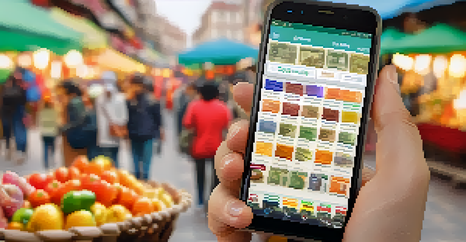 A hand holding a smartphone displaying a currency converter app at a vibrant market.
