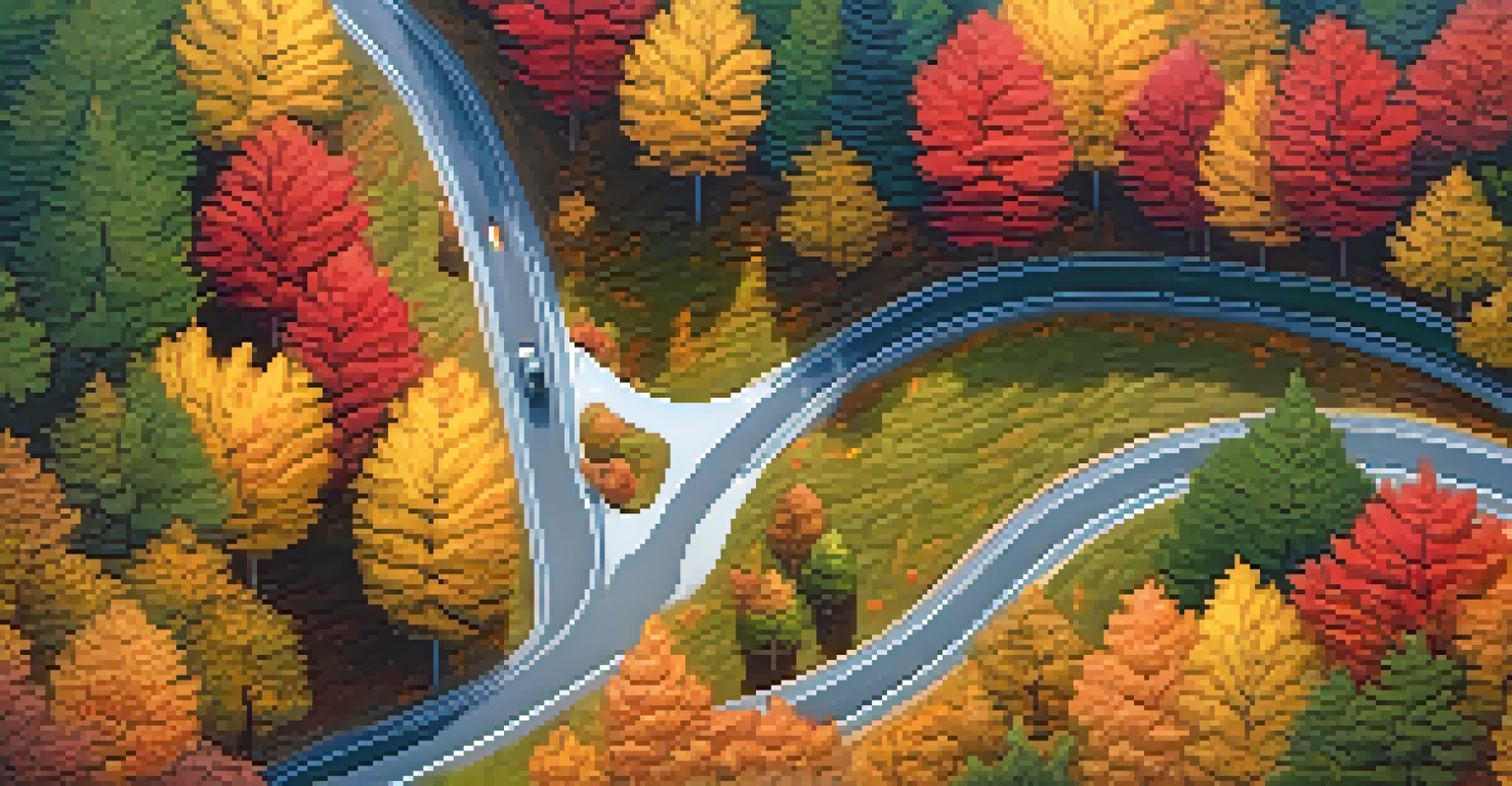 Aerial view of a winding road through an autumn forest with a small van traveling on it, surrounded by colorful trees.