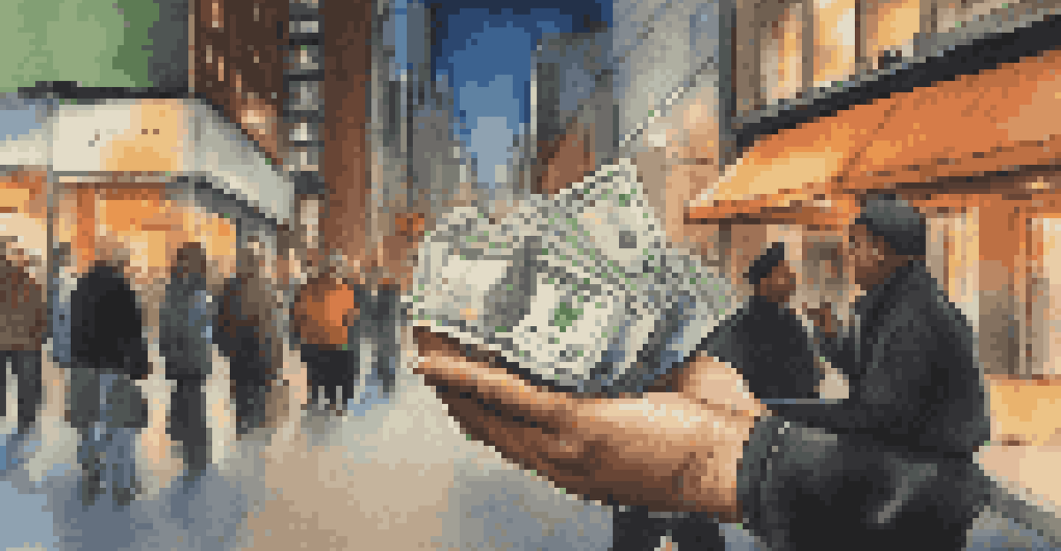 A close-up of a hand giving cash as a tip to a service worker, with a bustling city background illuminated by lights.