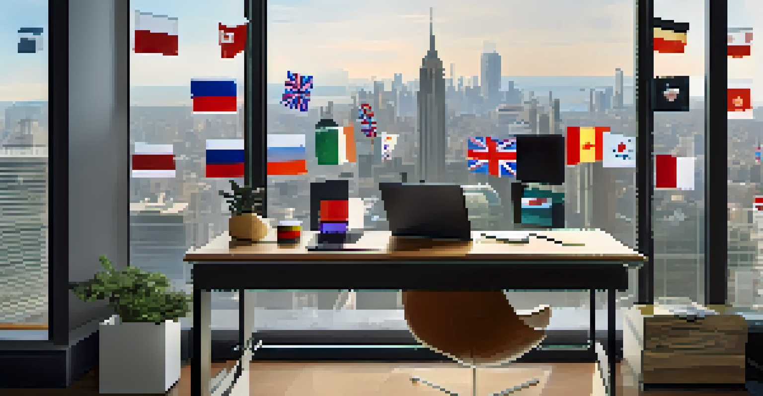 A modern office workspace with a laptop on a desk, international flags, cultural artifacts, and a skyline view through a large window.