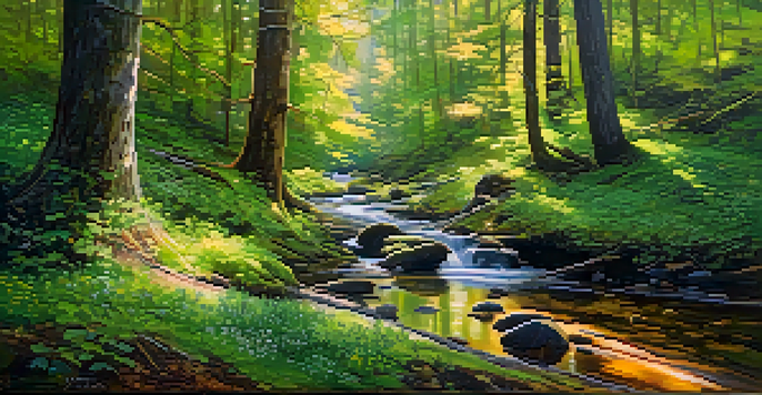A tranquil forest scene with sunlight shining through the trees, a mossy trail, and a gently flowing stream.