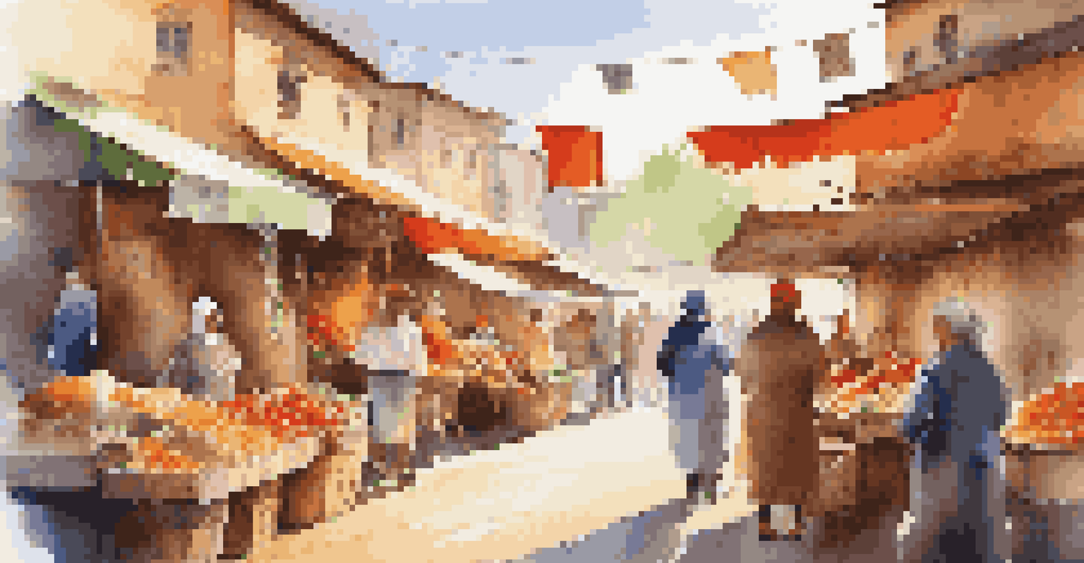 A lively local market with diverse people shopping for handmade crafts and fresh produce under colorful decorations.