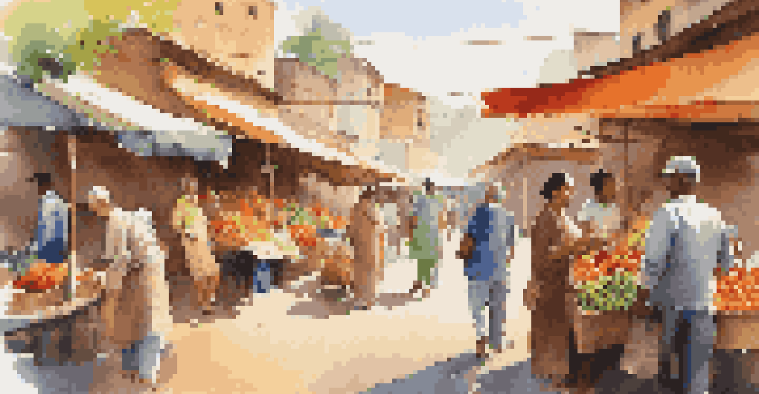 A traveler talking to a local vendor at a vibrant outdoor market filled with colorful produce and crafts.
