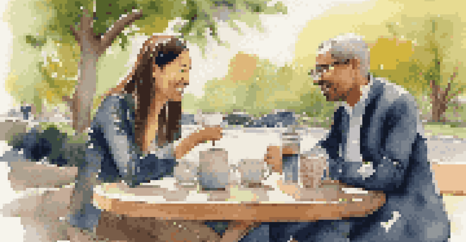 Two individuals from different cultures exchanging ideas over coffee in a park, emphasizing relationship-building.
