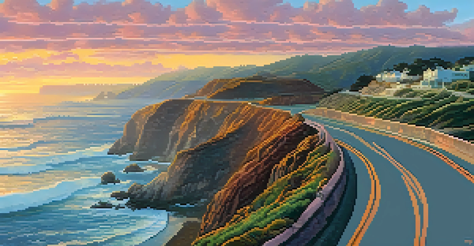 A cyclist riding along the Pacific Coast Highway at sunset, with cliffs and ocean waves visible.