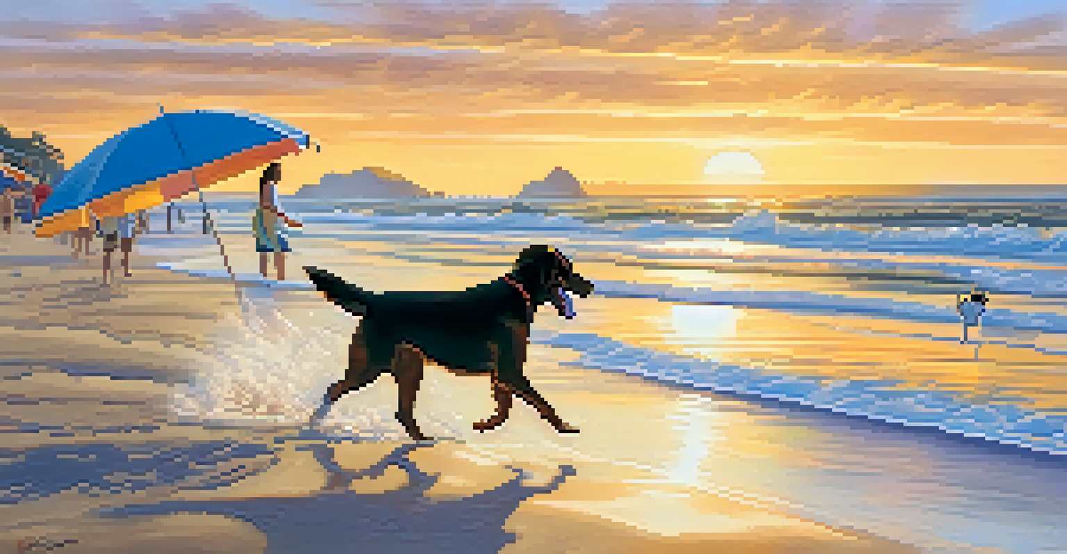A beach scene featuring a dog running on the sand with a sunset in the background.