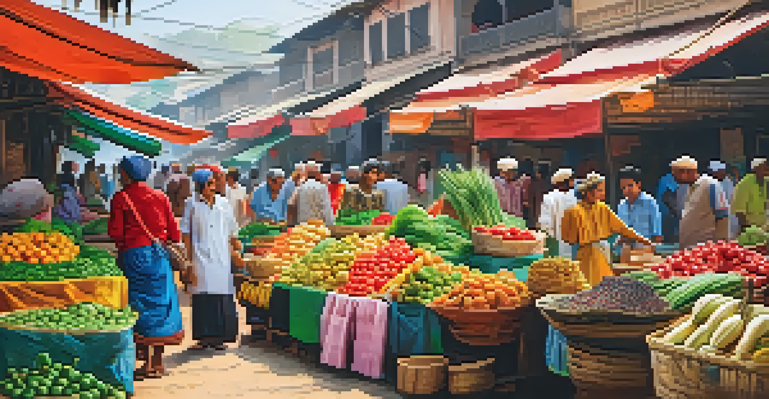 A lively local market filled with fresh produce and vibrant stalls, with vendors and tourists interacting in a colorful setting.
