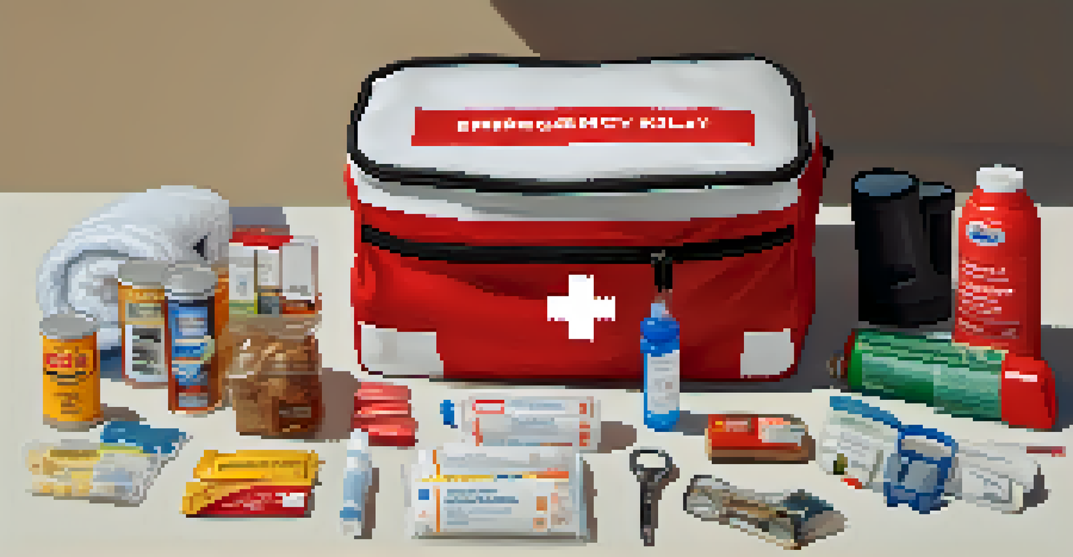 An emergency kit with a first-aid kit, flashlight, snacks, and tools, neatly arranged on a surface.