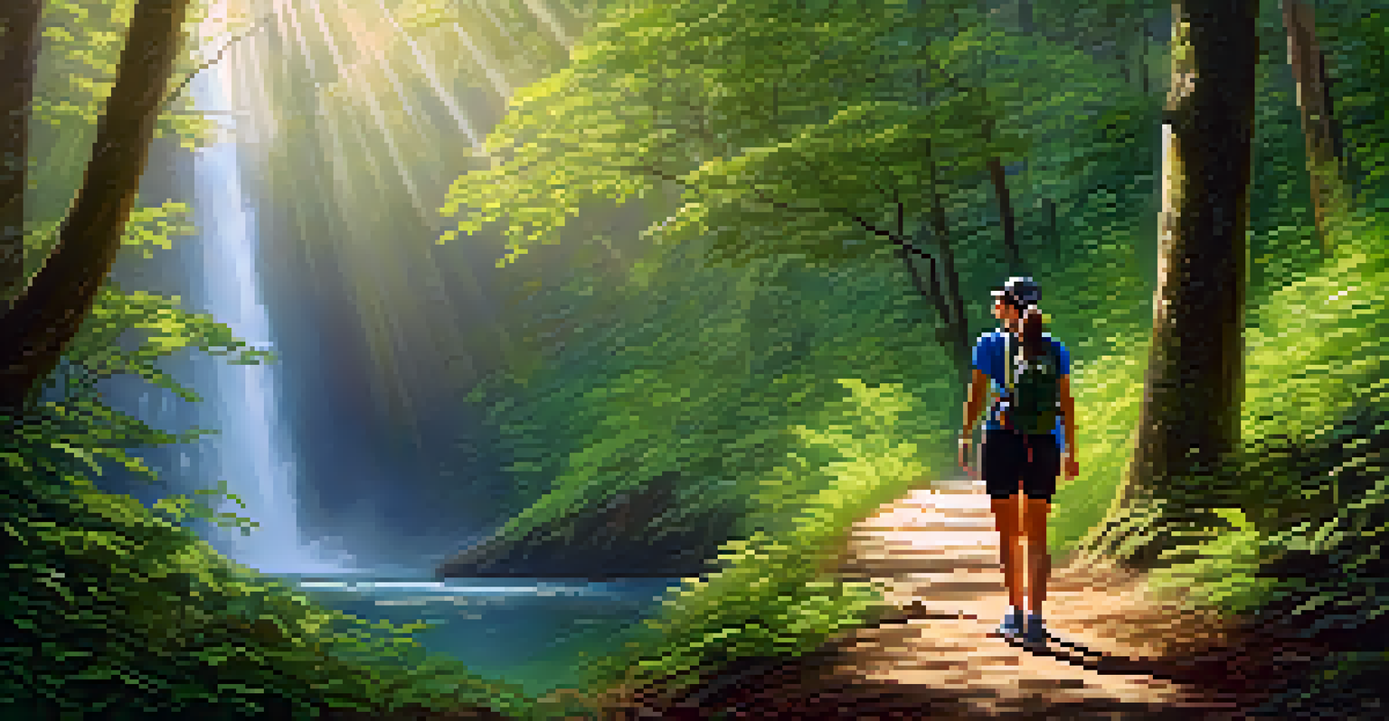 A hiker resting on a trail with a waterfall in the background, surrounded by trees and sunlight filtering through the leaves.