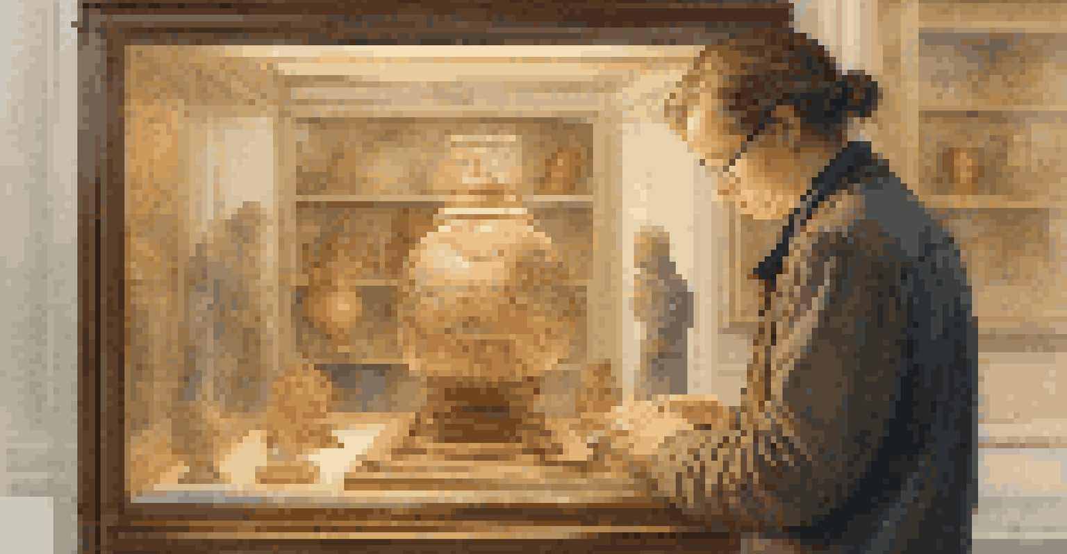 A traveler studying a historical artifact in a museum, with intricate details highlighted under a glass display.