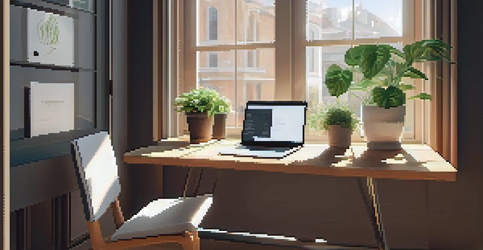A cozy cafe workspace with a laptop, coffee, and a plant, illuminated by soft natural light.
