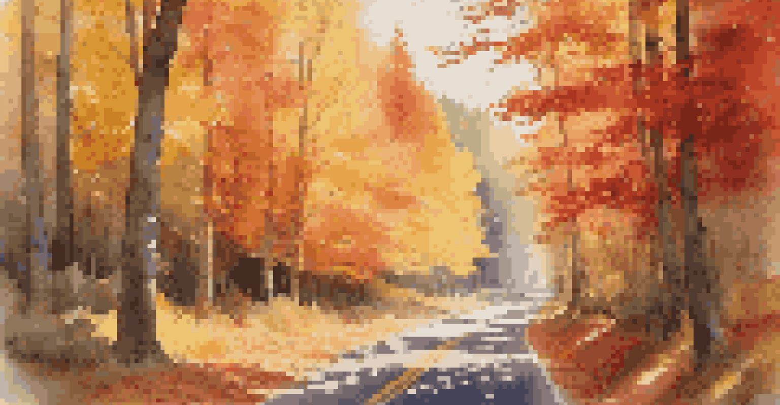 A scenic road surrounded by colorful autumn leaves and a vintage car driving through the forest.