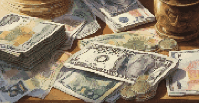 A variety of international currencies displayed on a wooden table, with sunlight highlighting their designs.