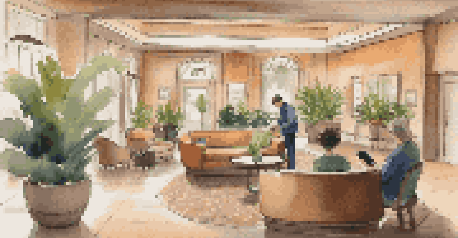 A warm hotel lobby where a guest is checking in with their smartphone. The lobby is inviting with soft lighting and comfortable seating.
