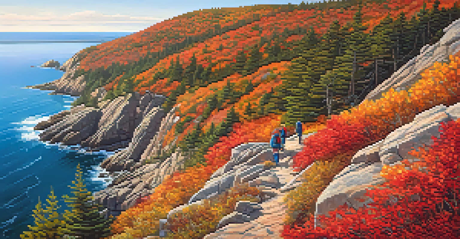 Hikers on the Precipice Trail in Acadia National Park, surrounded by colorful autumn foliage and the Atlantic Ocean in the background.